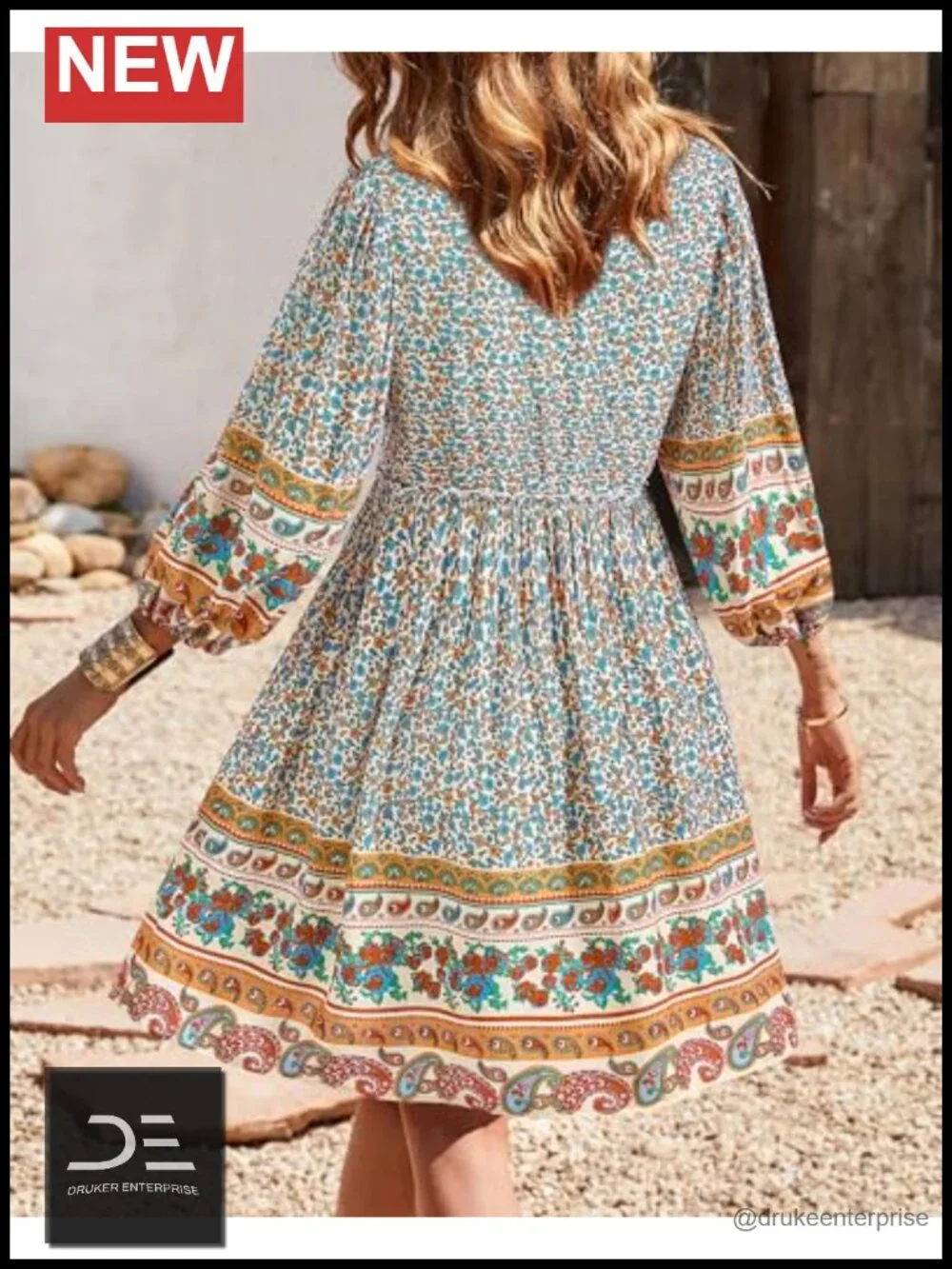 V Neck 3/4 Sleeve Ruffle Floral Flowy Boho Babydoll Mini Dress